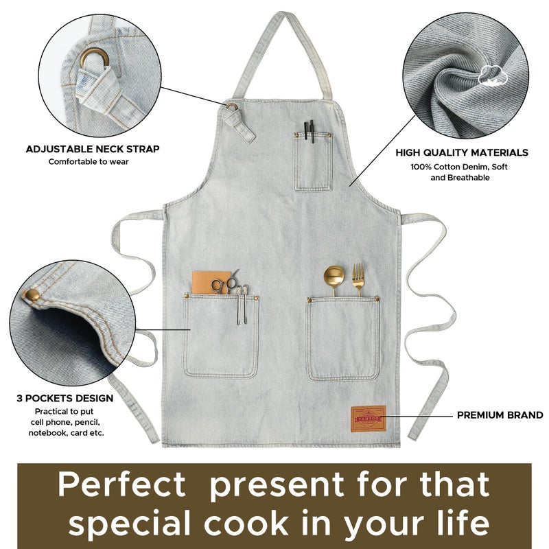 VANTOO Denim Chef Apron for Women with Pockets, Jean Waitress Server Kitchen Apron for Men Women Cooking Gardening Painting Hairstylist - Image 5